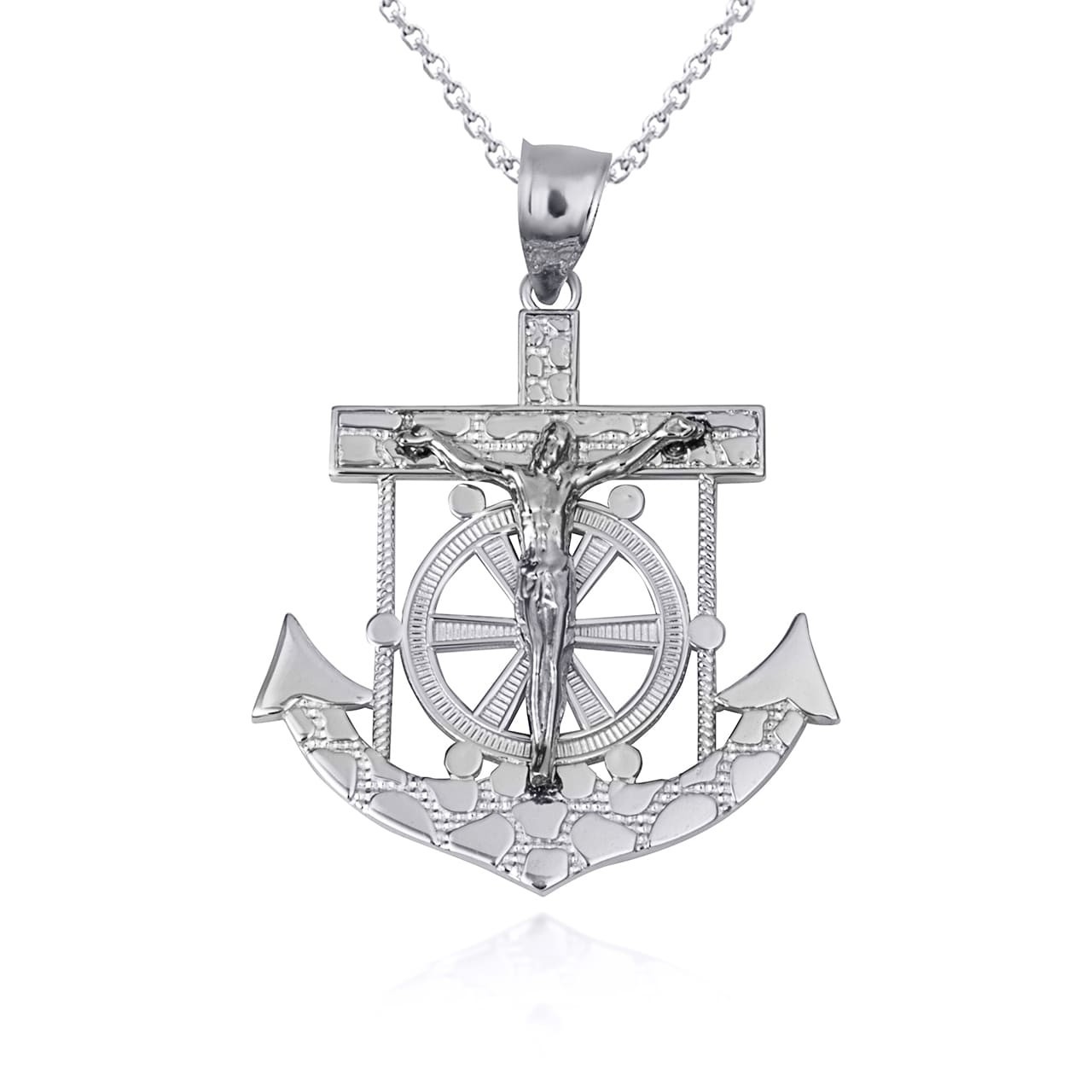 .925 Sterling Silver Mariners Anchor Jesus Cross Nugget Pendant Necklace (S/M/L)