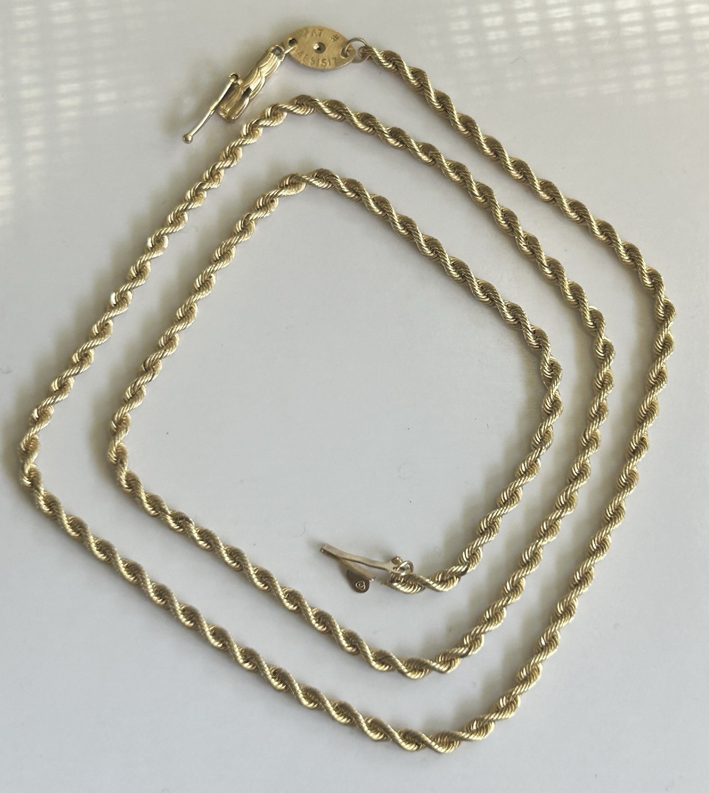 Solid 14k Gold Silk Rope Estate Chain Necklace 18in Patented, Safety Clasp, 6.8g