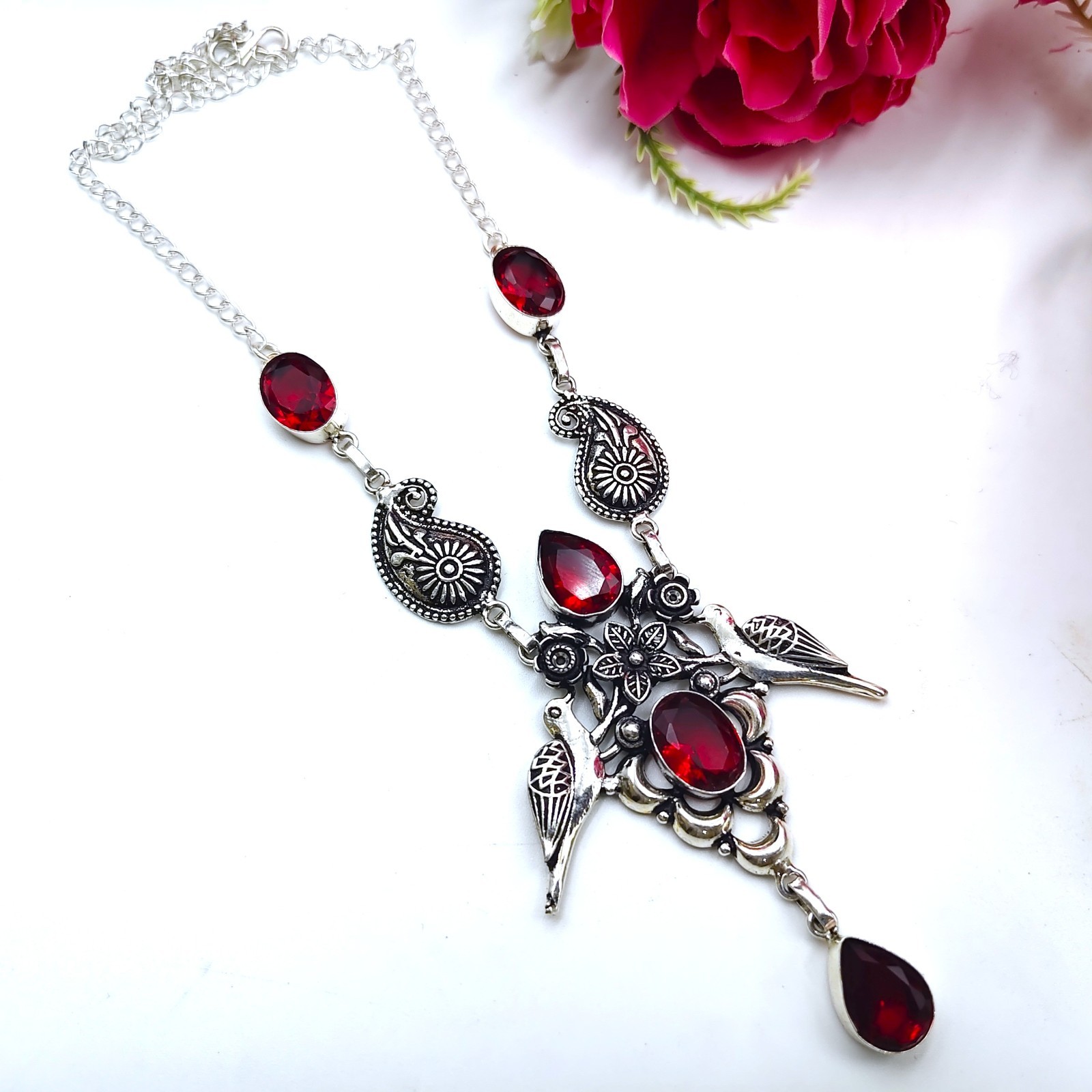 Red Garnet Gemstone Handmade 925 Sterling Silver Jewelry Necklace Size-17-18″