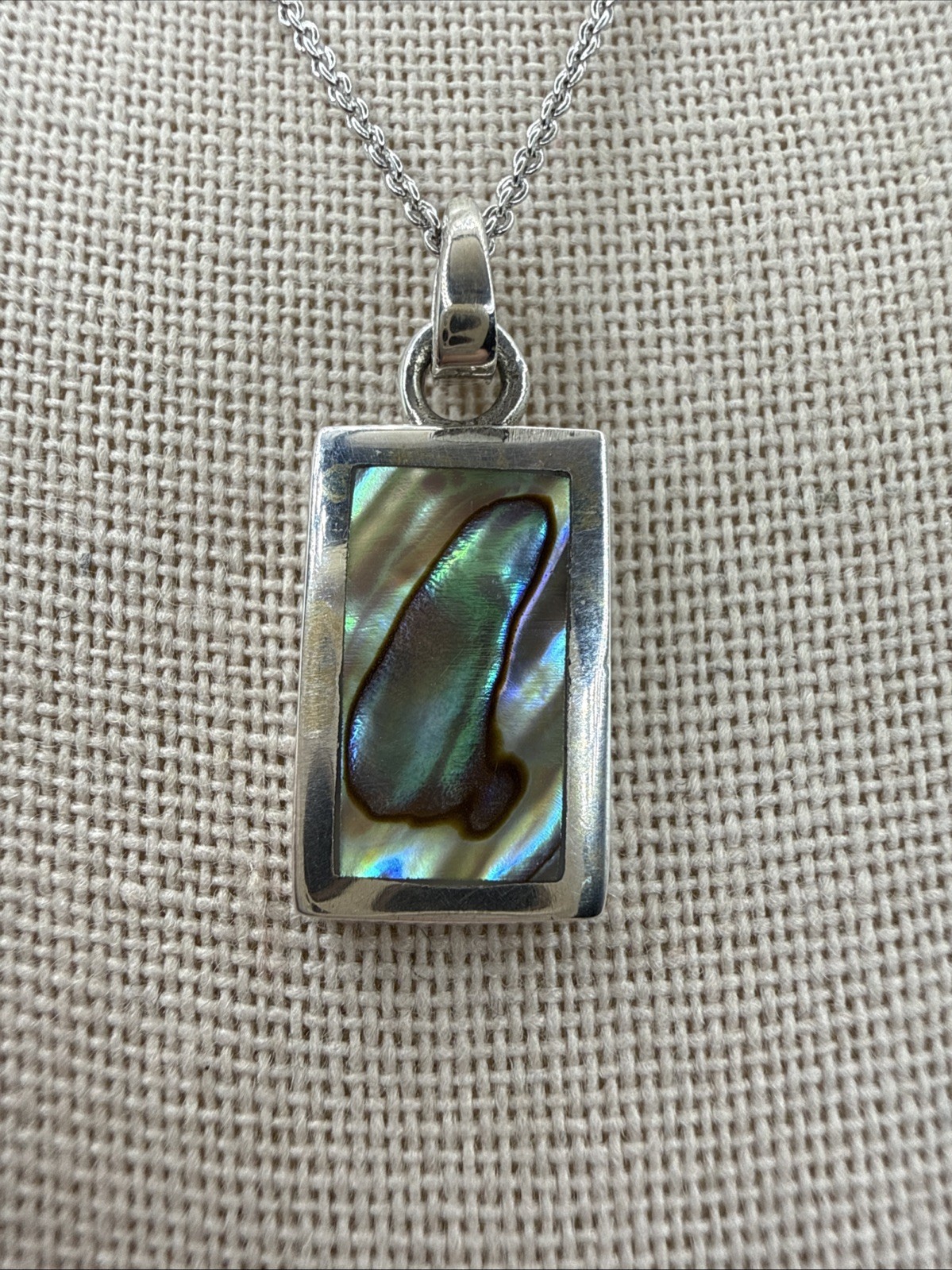 Natural Abalone Shell Sterling Silver Rectangle Pendant Necklace 18”