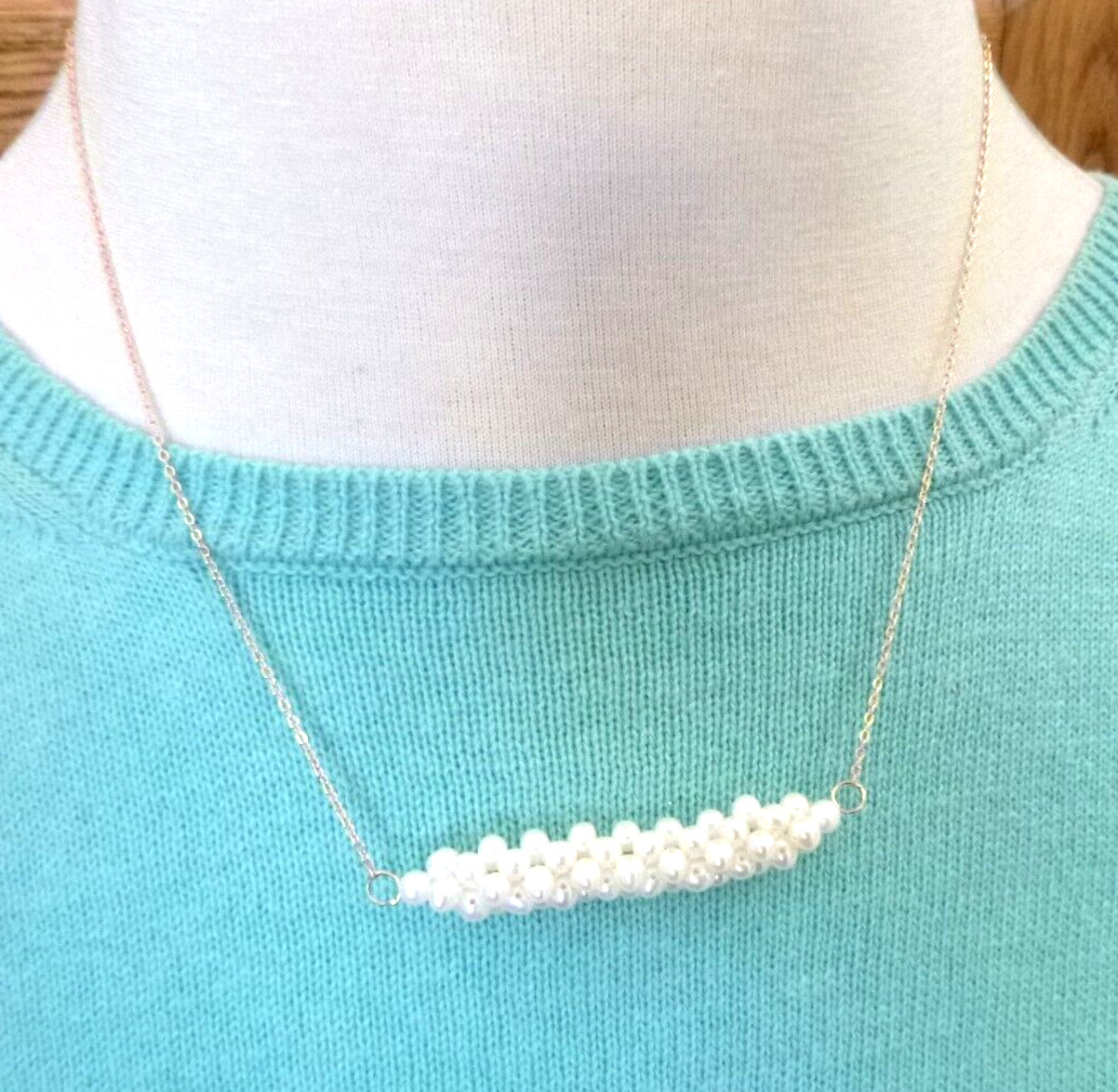Precious World of Pearls Cluster Bar 18″ Necklace Gold/925 Sterling Silver Chain