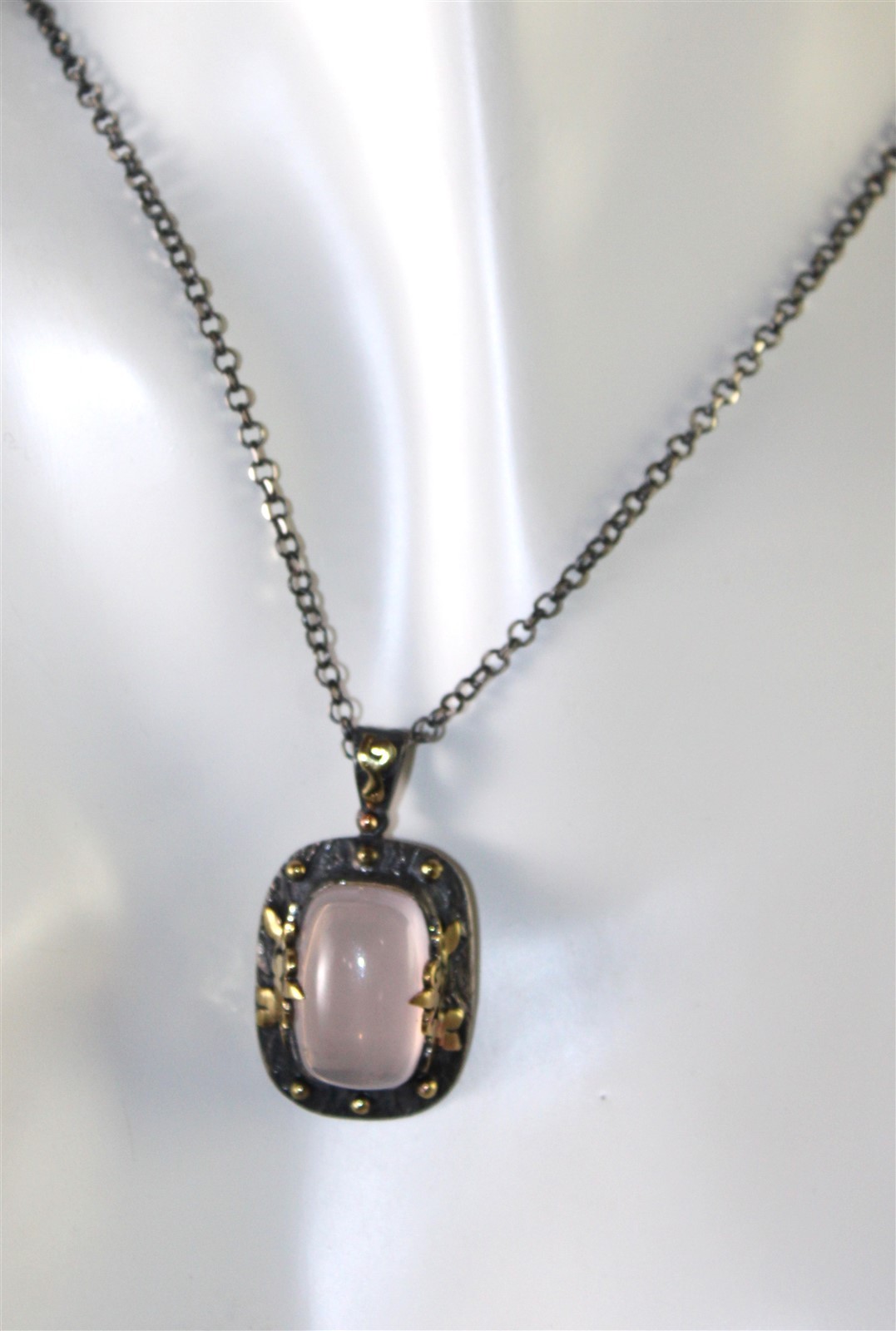 Bora Jewelry Oxidized Sterling and Brass Clear Quartz Pendant 18″ Necklace