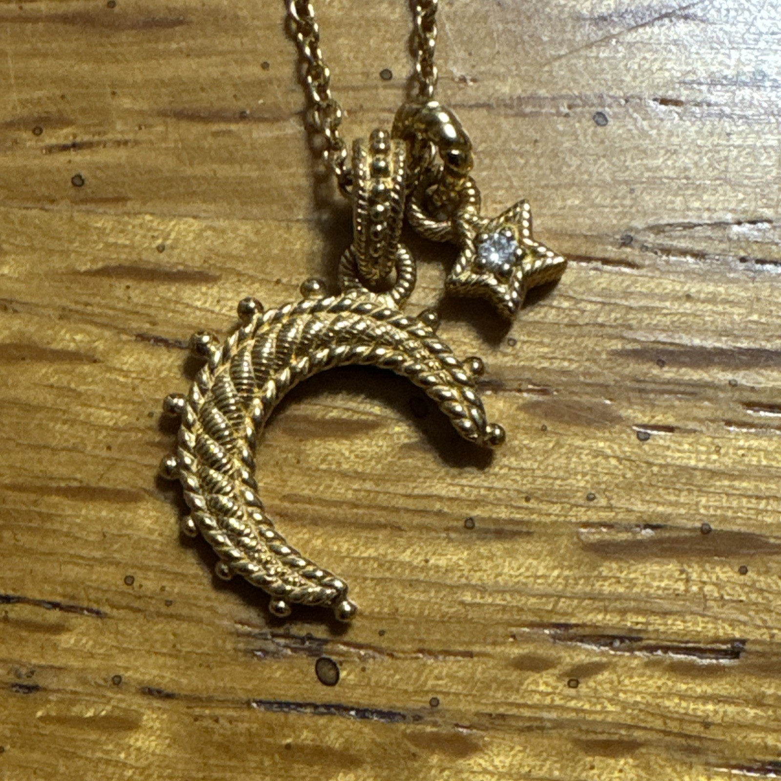 14k Gold Necklace By Judith Ripka-Crescent Moon & Star-18 Inches-3.6 grams