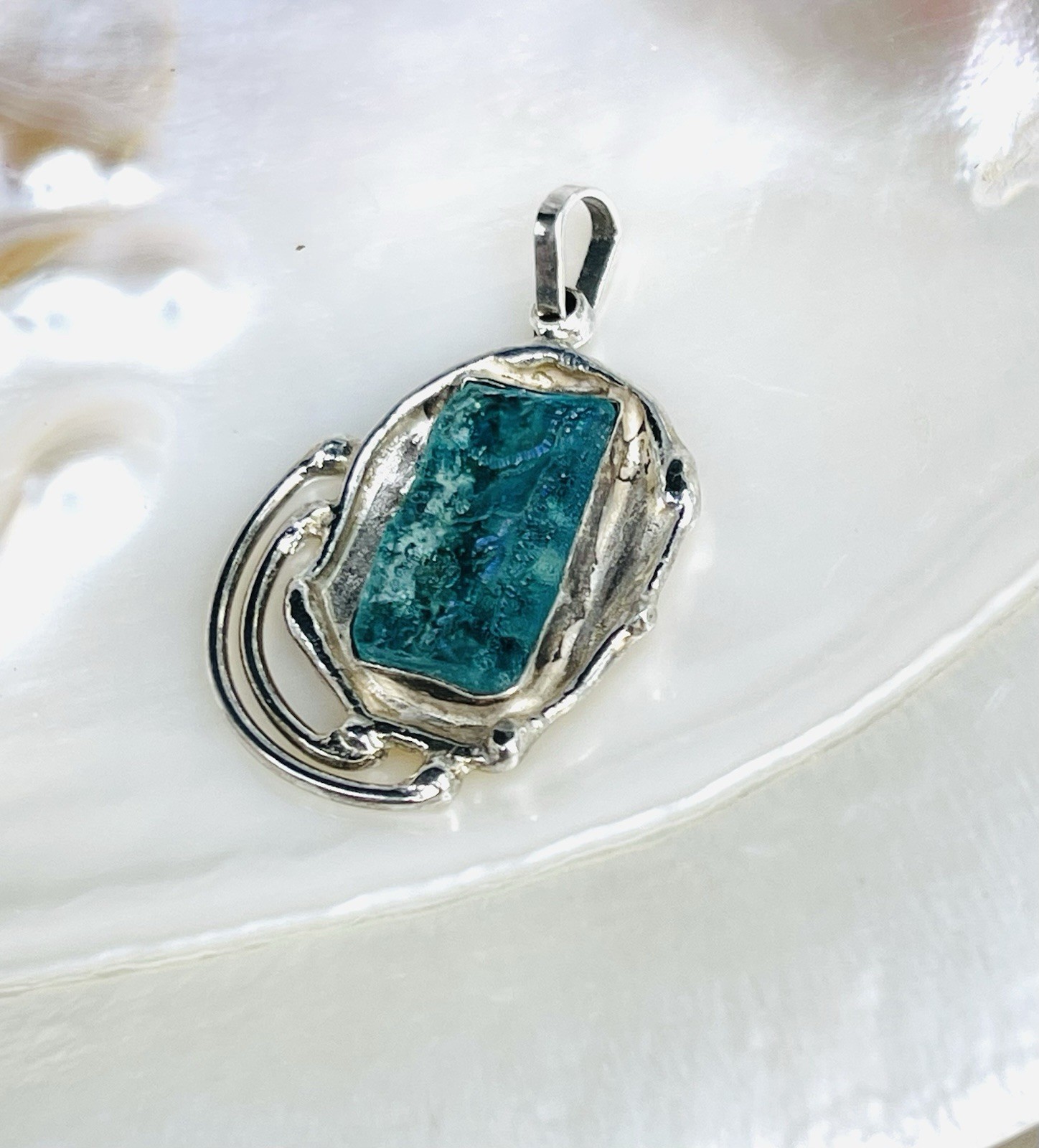 Roman Glass Sterling Silver Pendant Asymmetrical Look