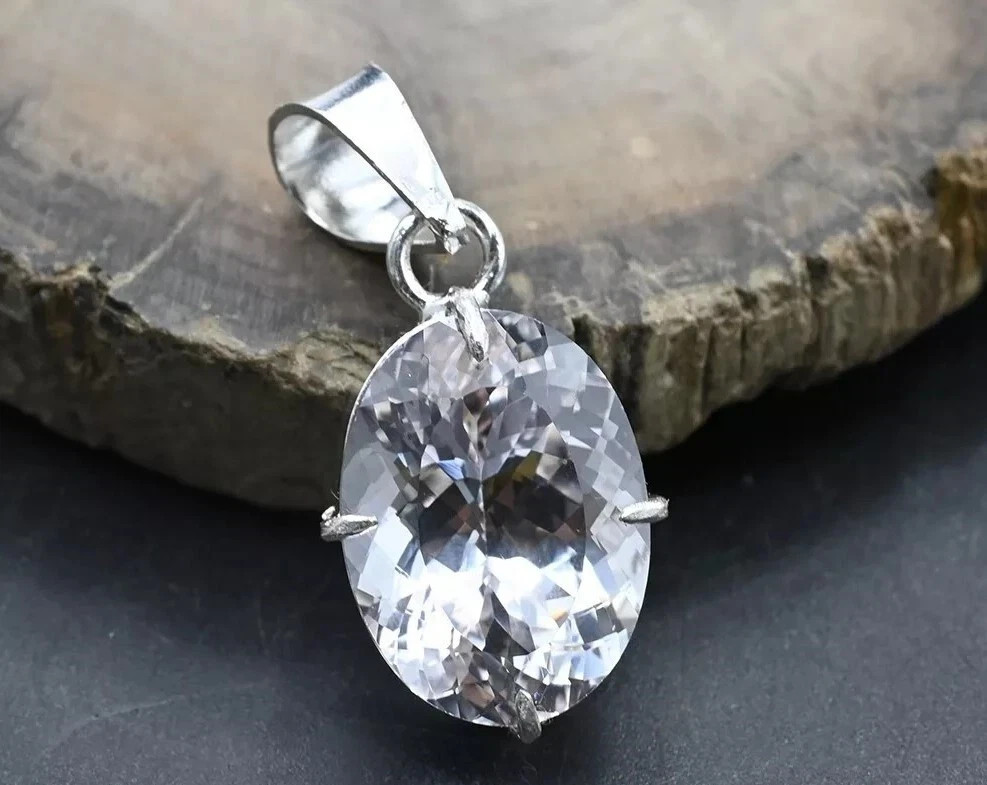 Natural Oval White Sapphire 24 Ct 925 Solid Silver Certified Gemstone Pendant