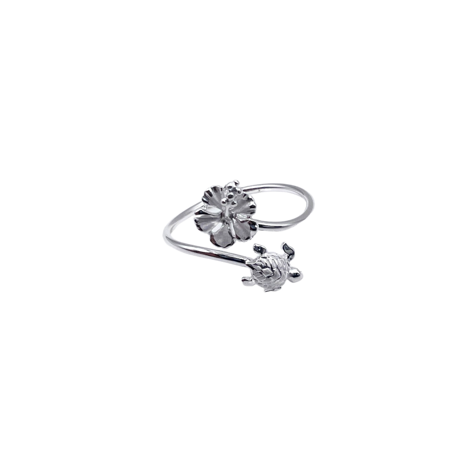 Hibiscus & Honu Harmony Adjustable Ring 12mm 925 Sliver Flower Free Shipping