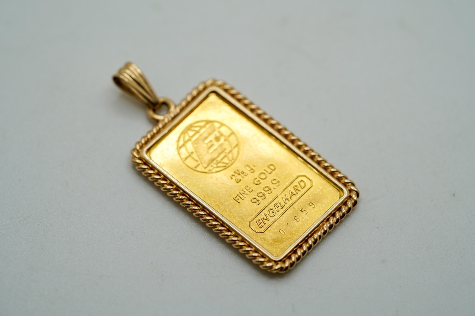 Vintage Engelhard 2.5g 24k Yellow Gold Bar in 14k Bezel Pendant 3.3cm x 1.6cm