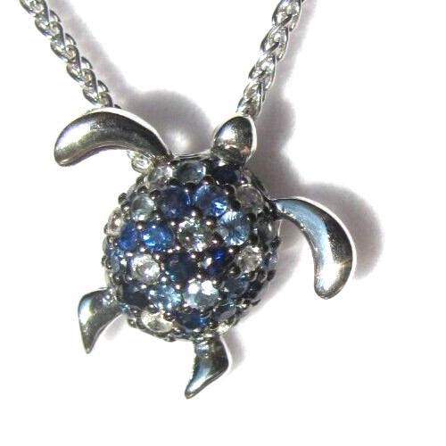 NWT Effy Sterling Silver Blue & White Sapphire Sea Turtle Pendant 18″ Necklace