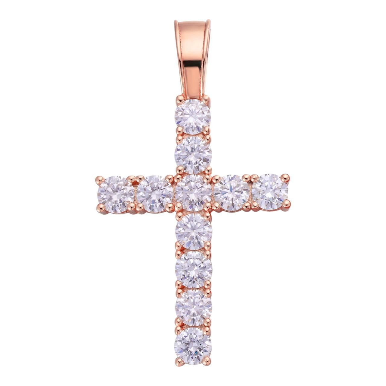 Tennis Cross Iced Pendant – Rose Gold Vermeil 925 Silver – 5 Sizes 0.75″-2.25″