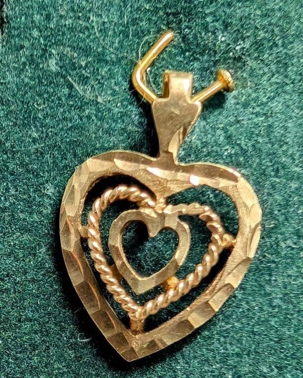 Solid 10K Gold Triple Heart Pendant Charm Beautifully Beaded and Cut 0.85 grams