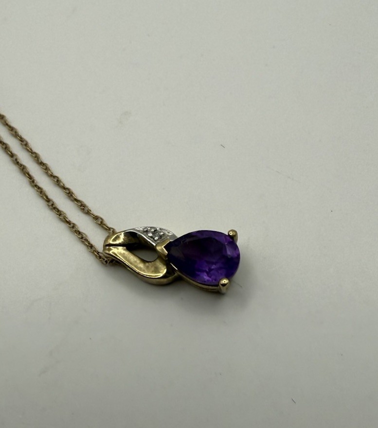 Pendant Amethyst Diamond Pear Shaped Purple 18” Cable Link Chain 10k Yellow Gold