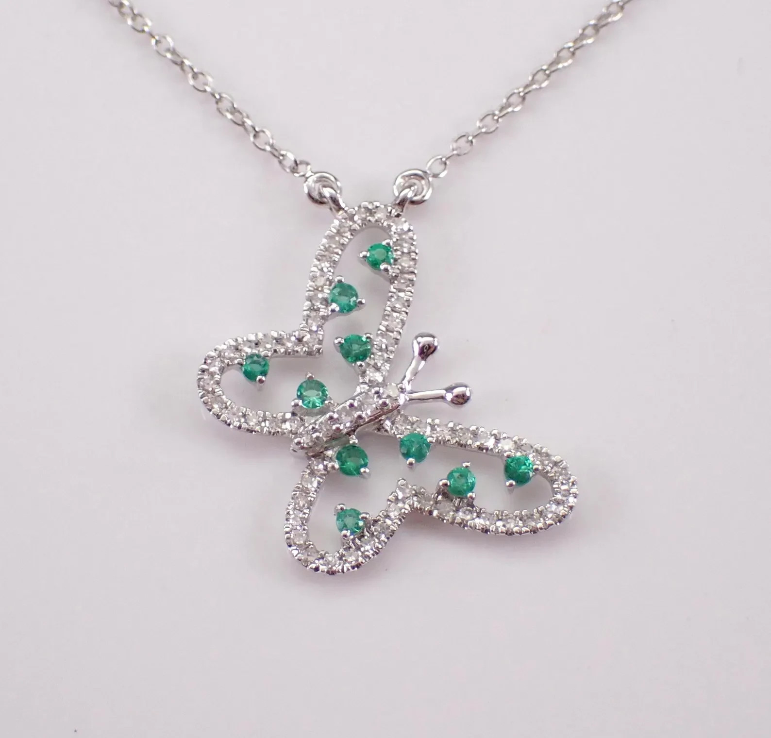 1.40 Ct Round Emerald Moissanite Butterfly Shape Necklace 14K White Gold Plated