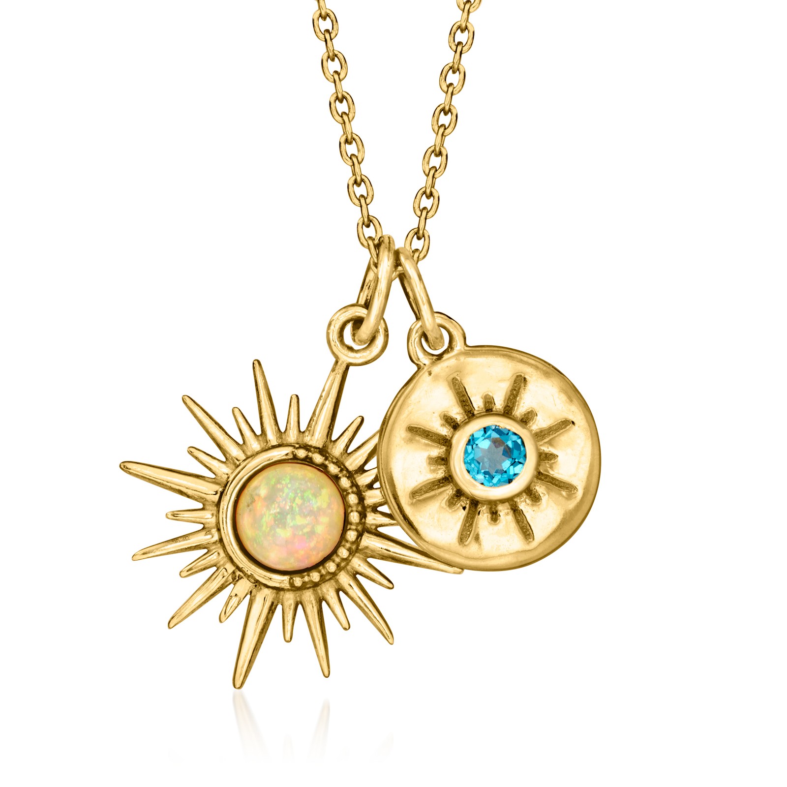 Opal & Bltpz Celestial Set: 2 Pendants w Cable Chain in 18k Gold Plate 18 inches