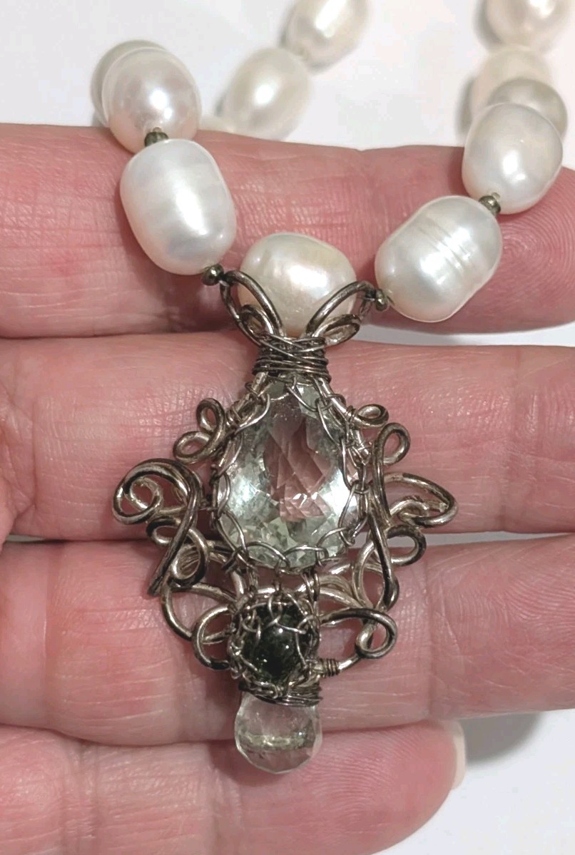 Vtg Sterling Silver Aquamarine Tourmaline Baroque Freshwater Pearls 17″ Necklace
