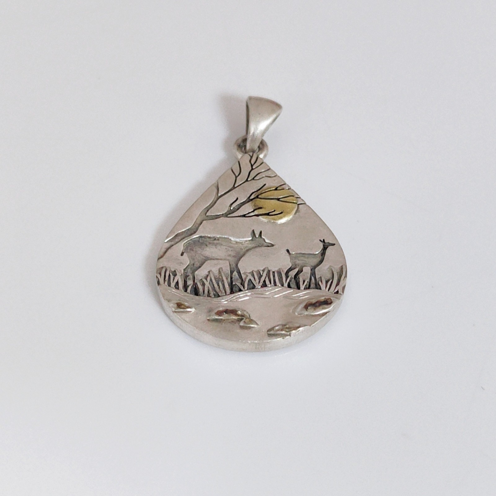 Deer Forest Pendant Teardrop Nature Necklace Charm Sterling Silver Handcrafted