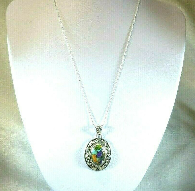 Multicolour Copper Turquoise Solid Sterling Silver Oval Shape Pendant & Chain