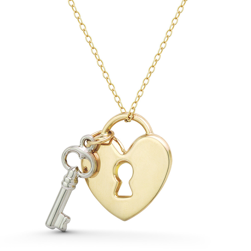 Heart Lock Skeleton Key Love Promise Charm 2-Tone 14k White Yellow Gold Pendant