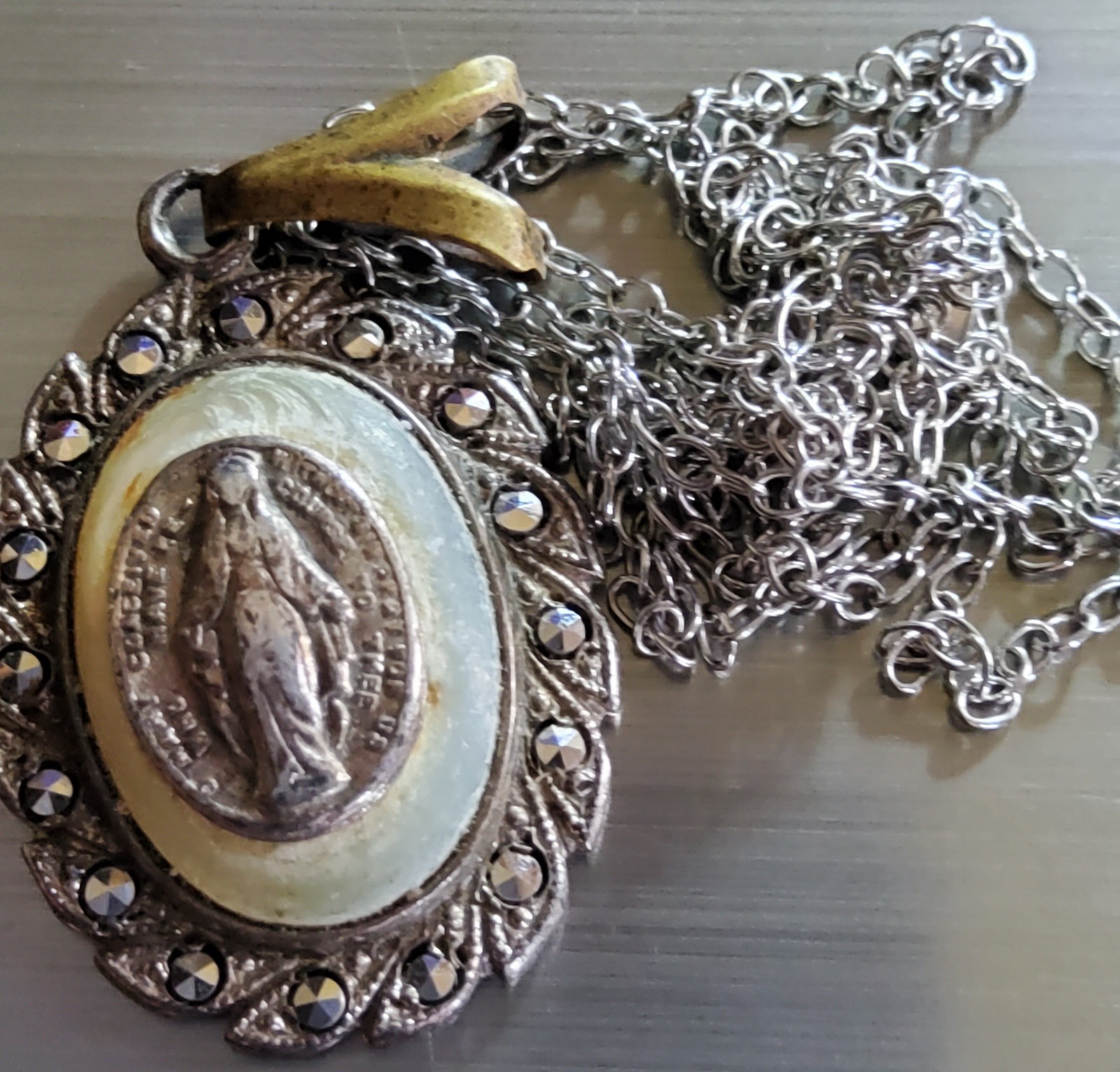 Vtg 925 Sterling Miraculous Metal Mother Of Pearl Marcasite Pendant Virgin Mary