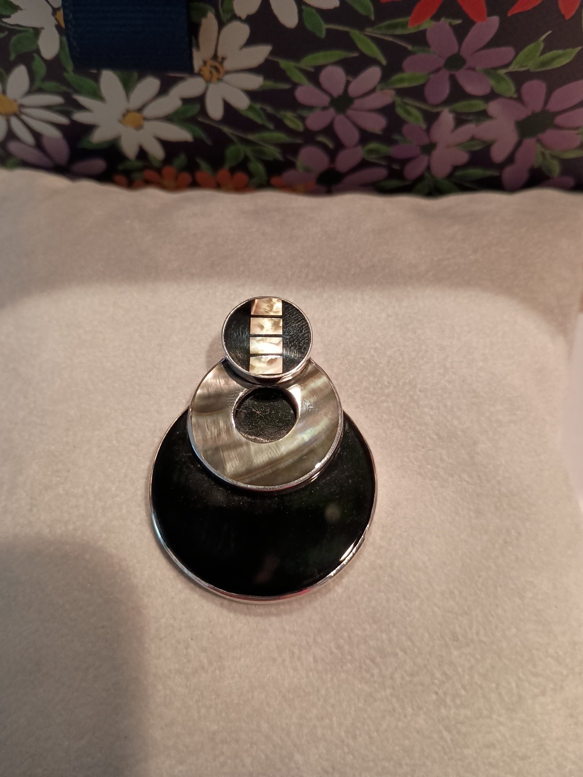 Artisan Modern Sterling Silver Sandy Baker Onyx & Mother Of Pearl Pendant Signed