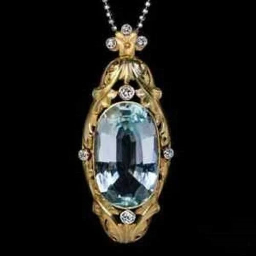 3.20Ct Oval Cut Lab Created Aquamarine Antique Pendant 14k Yellow Gold Plated