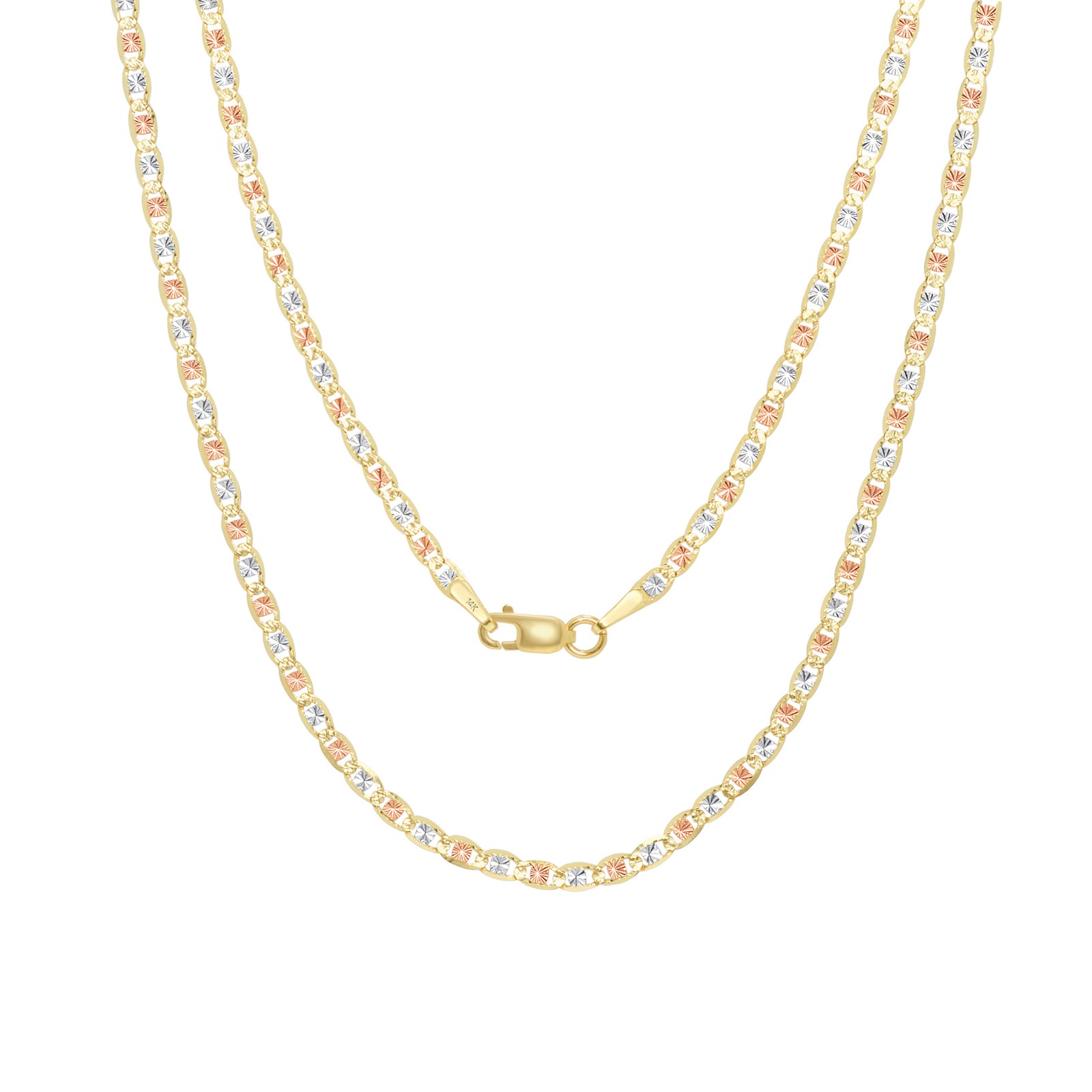 14K Solid Tri Yellow Rose White Gold 2.3mm Valentino Chain Womens Necklace 18″