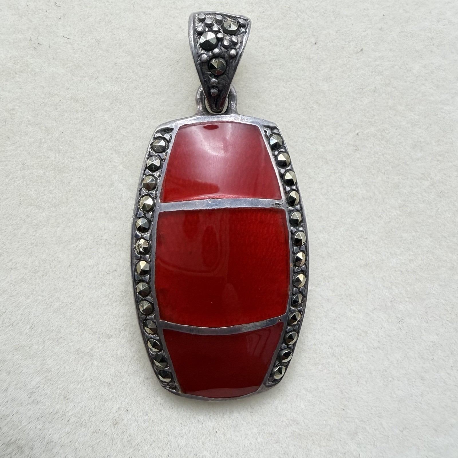 925 Sterling Silver Red Rectangular Stone Pendant w/ Marcasite Accents Signed