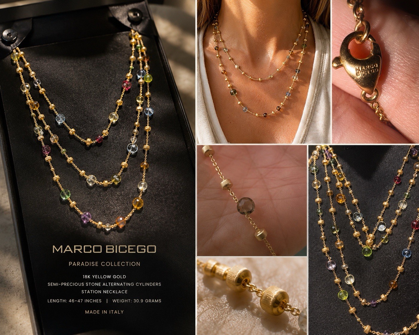 Marco Bicego Multicolor 18K Yellow Gold Station Necklace| 46 inches | 30.2 grams