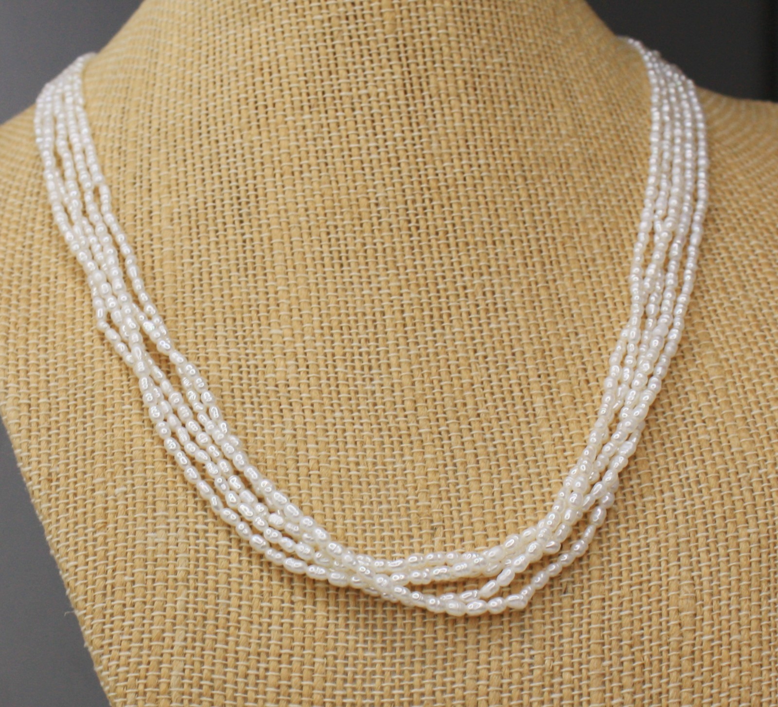 Vtg. Small Freshwater Pearls Multistrand Elegant Necklace, Sterling Silver Clasp