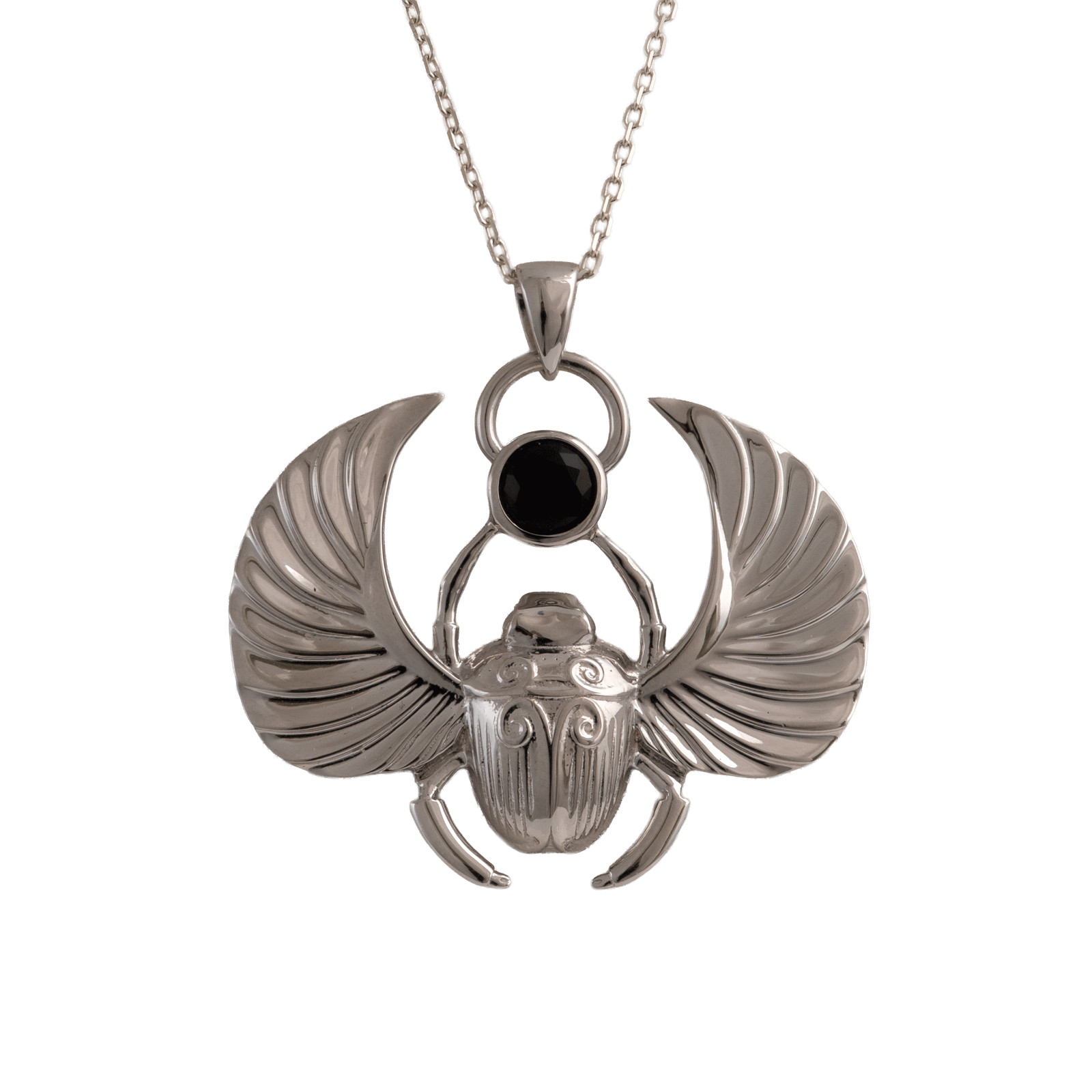 Scarab Necklace Sterling Silver Winged Scarab Black Onyx Egyptian Hallmarked