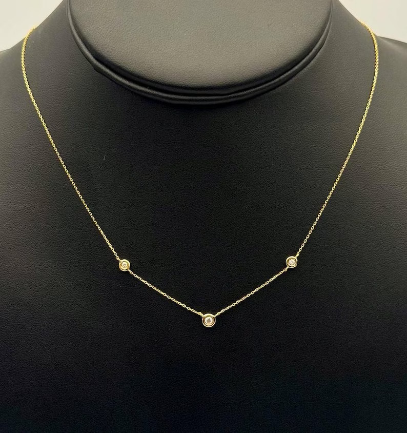Station 18″ Necklace Three Stone Round Natural Diamond GH-SI 14k Yellow Gold