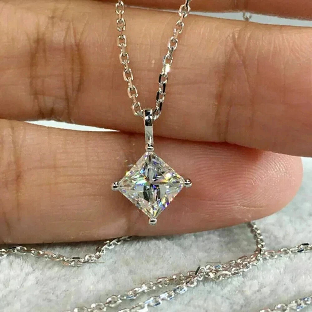2Ct Princess-Cut Moissanite 18” Chain Solitaire Pendant 14K White Gold Plated