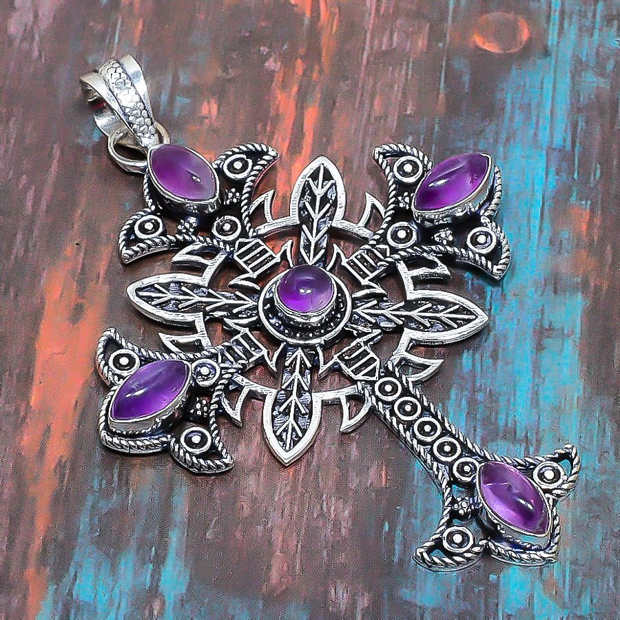 Cross Sage Amethyst Gemstone Handmade Gift Jewelry Pendant 3.35″ e624
