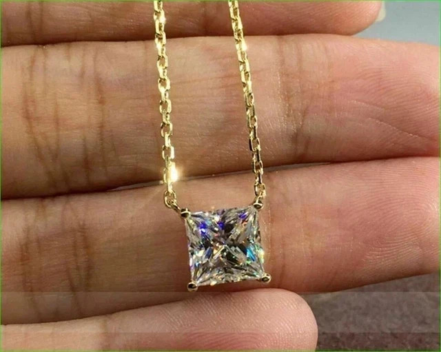 4CT Princess Cut Real Moissanite Solitaire Pendant 14k Yellow Gold Plated