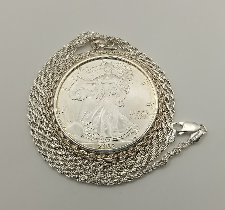 2002 American Silver Eagle Pendant On 925 SS Rope Chain #21260