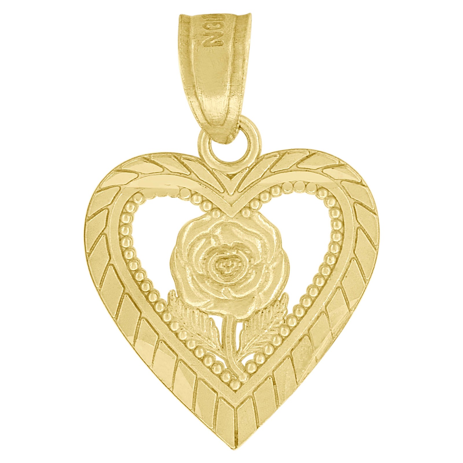 10K Yellow Gold 0.75″ Polished Milgrain Charm Single Rose in Heart Frame Pendant