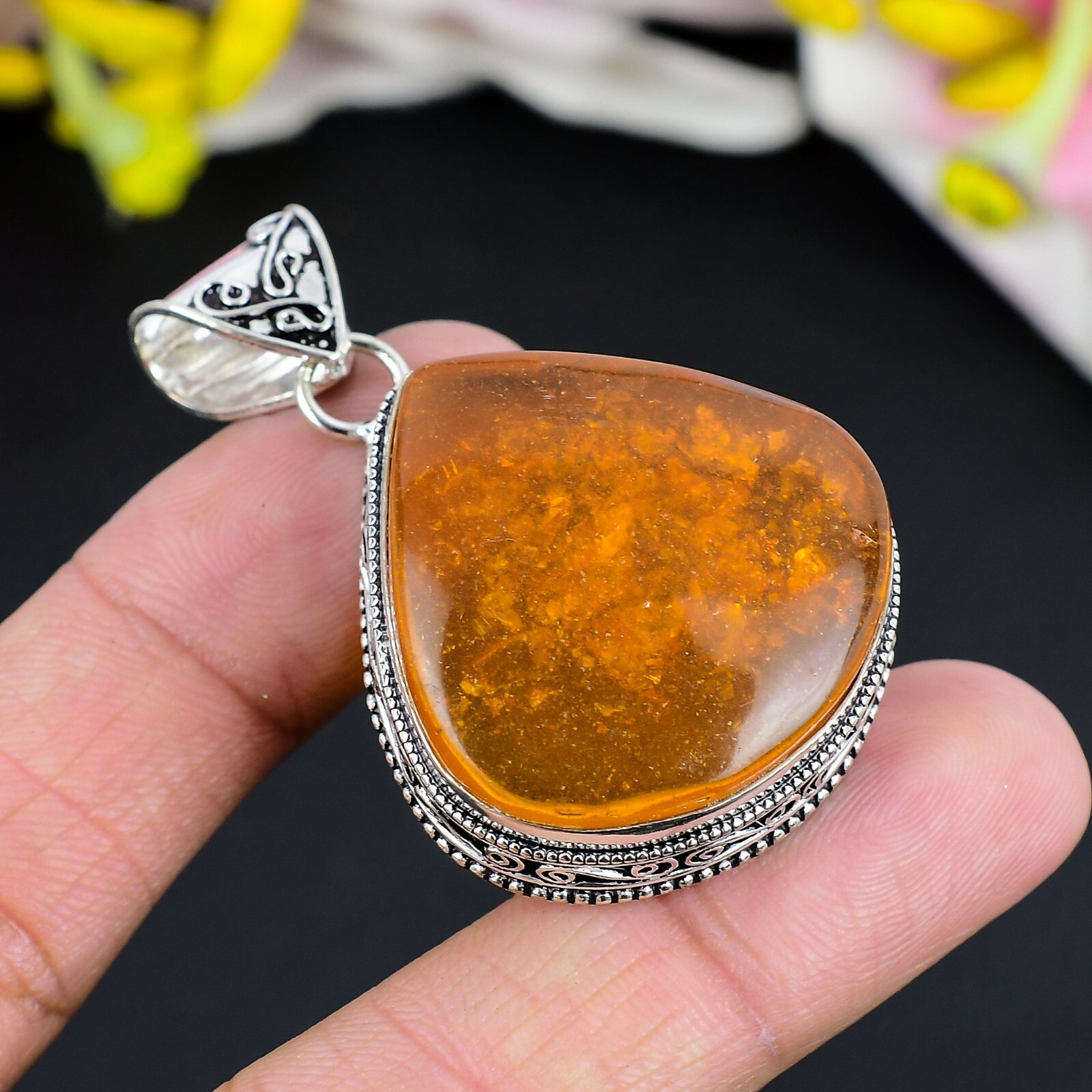 Baltic Amber Pendant Gemstone Handmade Jewelry 925 Sterling Silver Pendant
