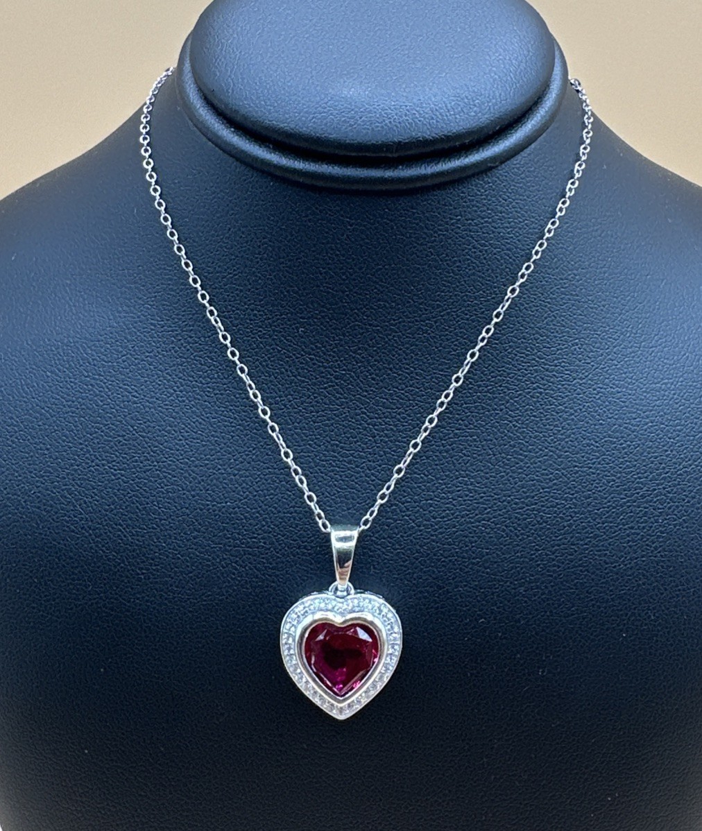 Elegant 925 Sterling Silver Heart Shaped Garnet & CZ Pendant Necklace