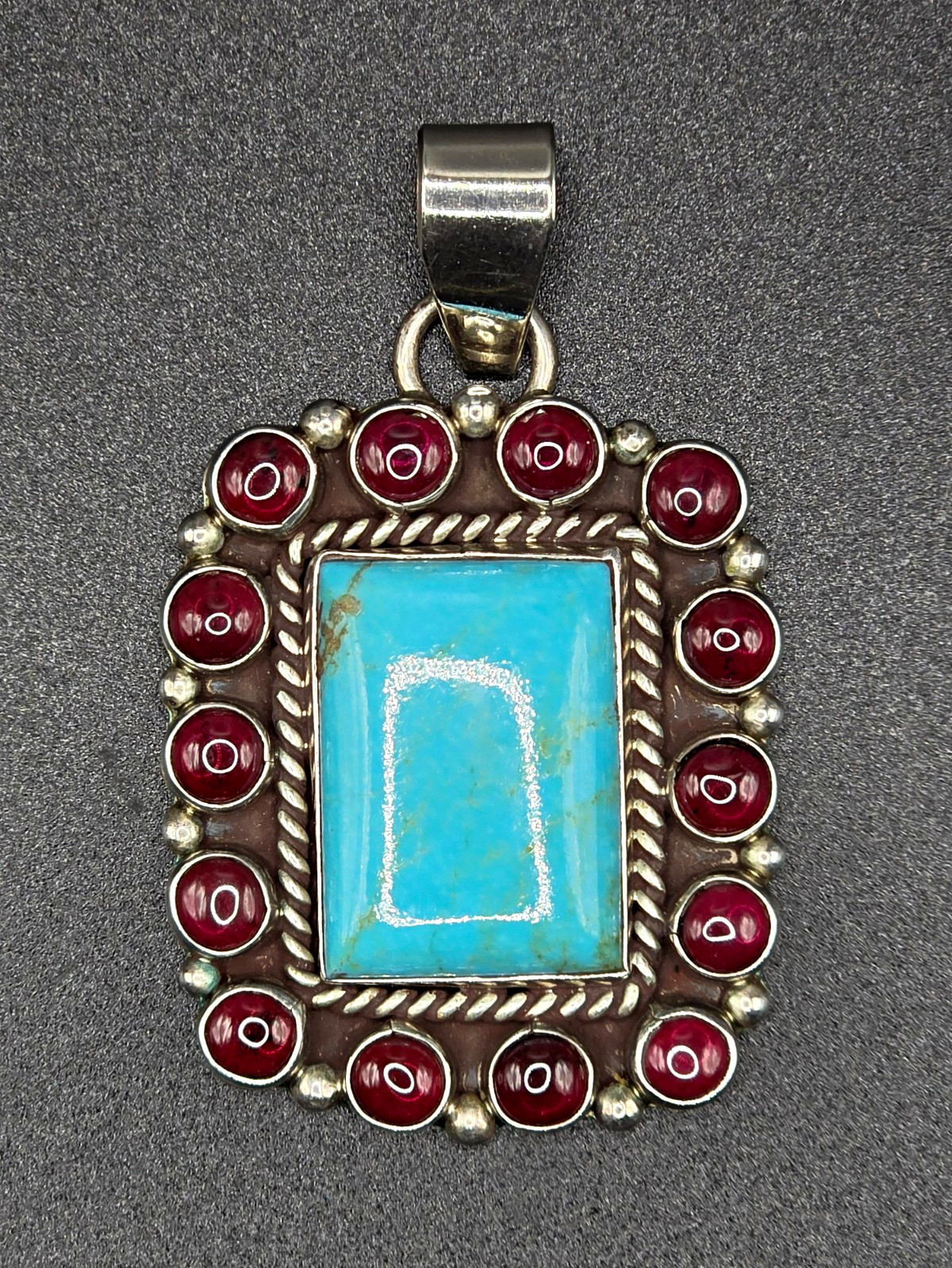 Navajo DJM Signed Sterling Silver Rectangle Bezel Turquoise Pendant w/ Garnet