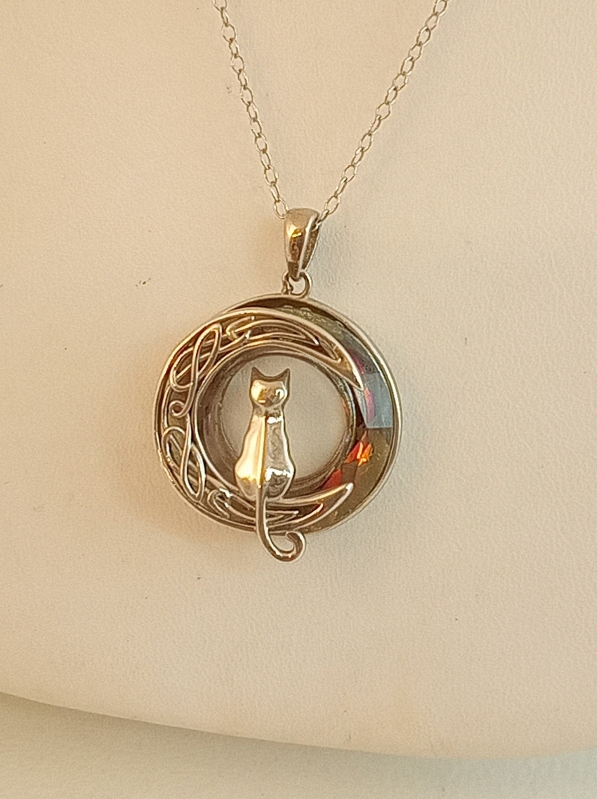 Sterling silver glass cat crescent moon pendant necklace hearts