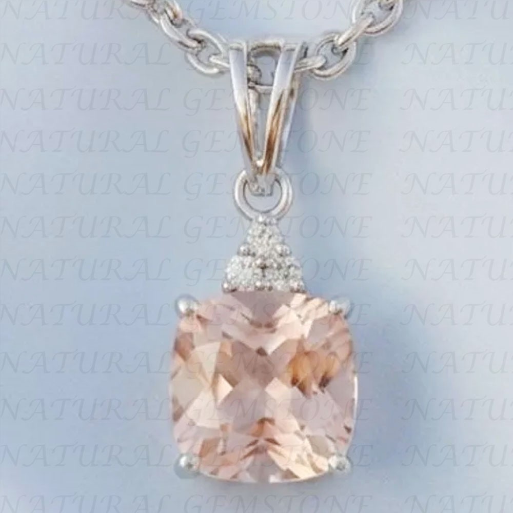 3.20Ct Cushion Shape Natural Morganite and Diamond Pendant 18K White Gold Plated