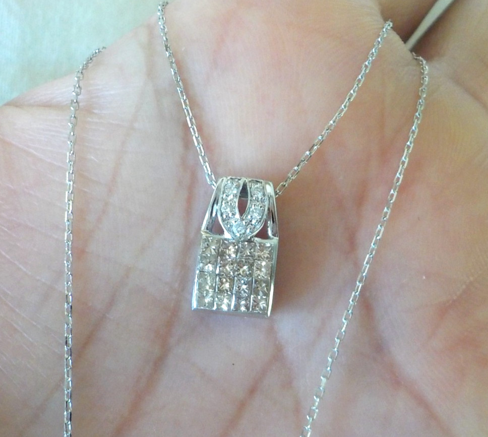 Pretty 18K White Gold Square Cluste Diamond Necklace – 2.64 gms, 17 in, 0.43 ctw