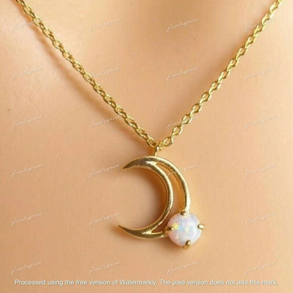 1Ct Round Cut Simulated Fire Opal Moon Pendant 14k Yellow Gold Plated Free Chain