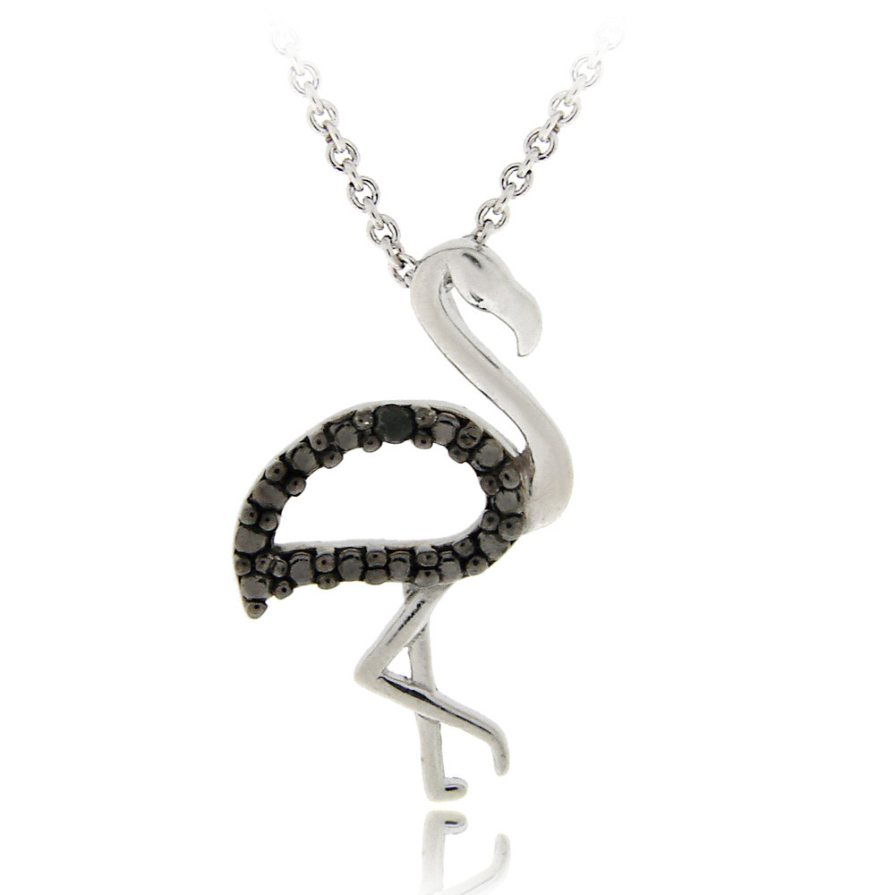 925 Silver Black Diamond Accent Flamingo Pendant Necklace, 18 Inches