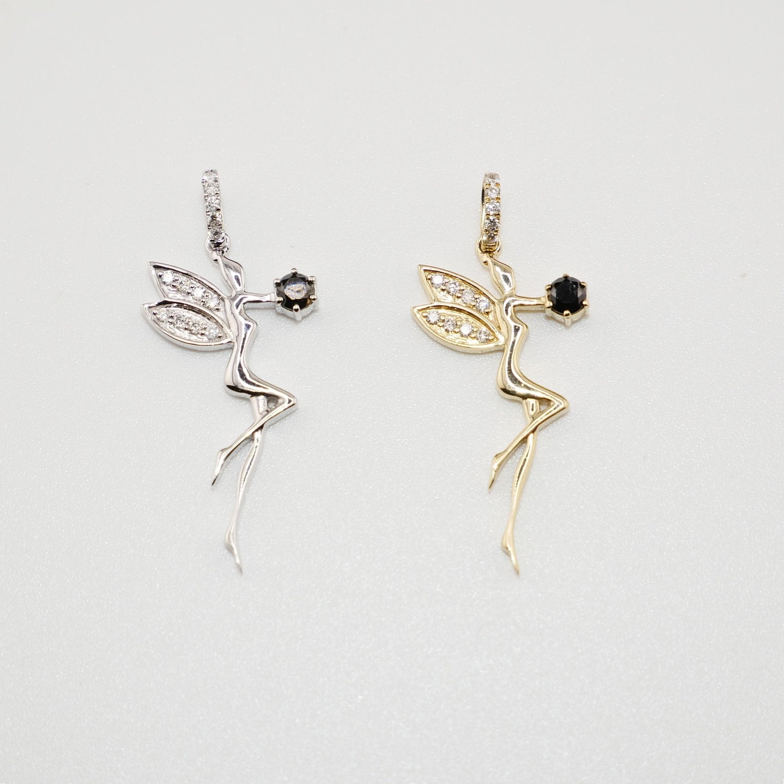 14K Gold Diamond Fairy Pendant, Angel Charm With Onyx Stone