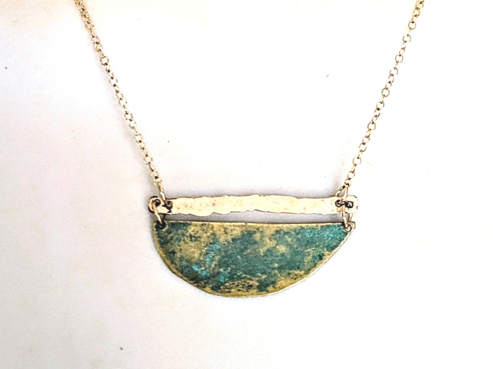 Beautiful 14k Gold Filled Artisan Modernist Necklace w/Green Patina By Lady Fine