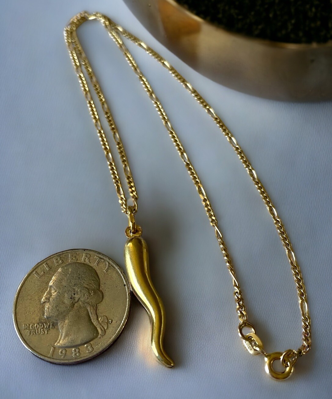 Vintage 14k Yellow Gold ITALIAN HORN Lucky Charm Pendant 2mm Figaro 16” Chain!