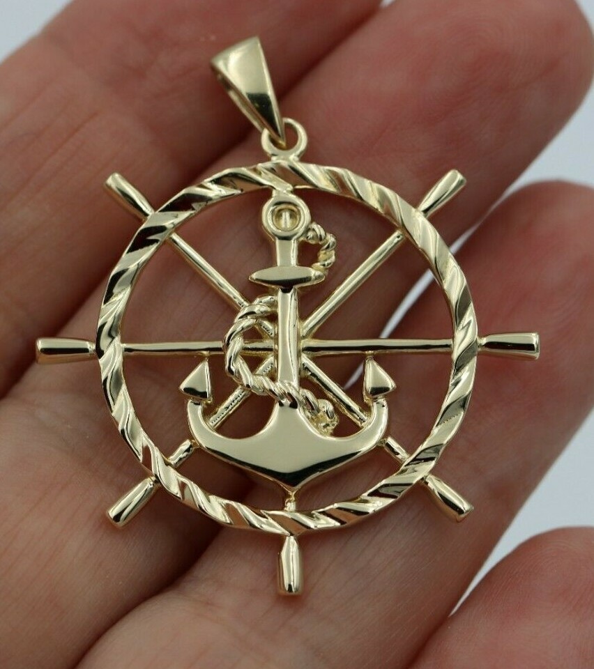 Huge 9k 9ct 375 Yellow Gold Anchor Wheel Charm Pendant Nautical Pendant