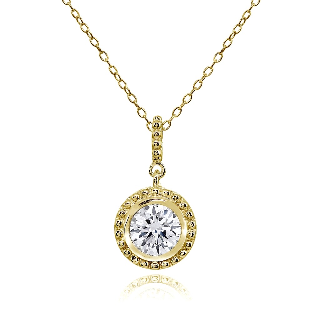 Round Halo Cubic Zirconina Dangling Gold Plated Sterling Silver Pendant Necklace
