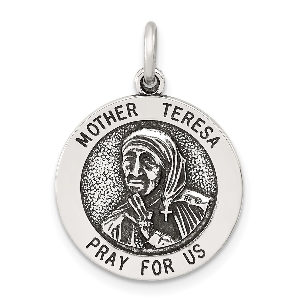 Sterling Silver Antiqued Solid Mother Teresa Medal Pendant L-0.85 Inch