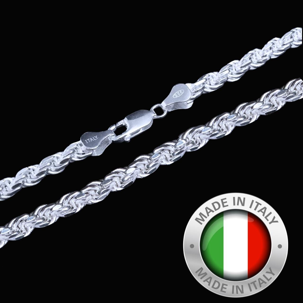 Solid Real 925 Sterling Silver Rope Chain Men’s Diamond Cut 5mm 18″ – 26″ ITALY